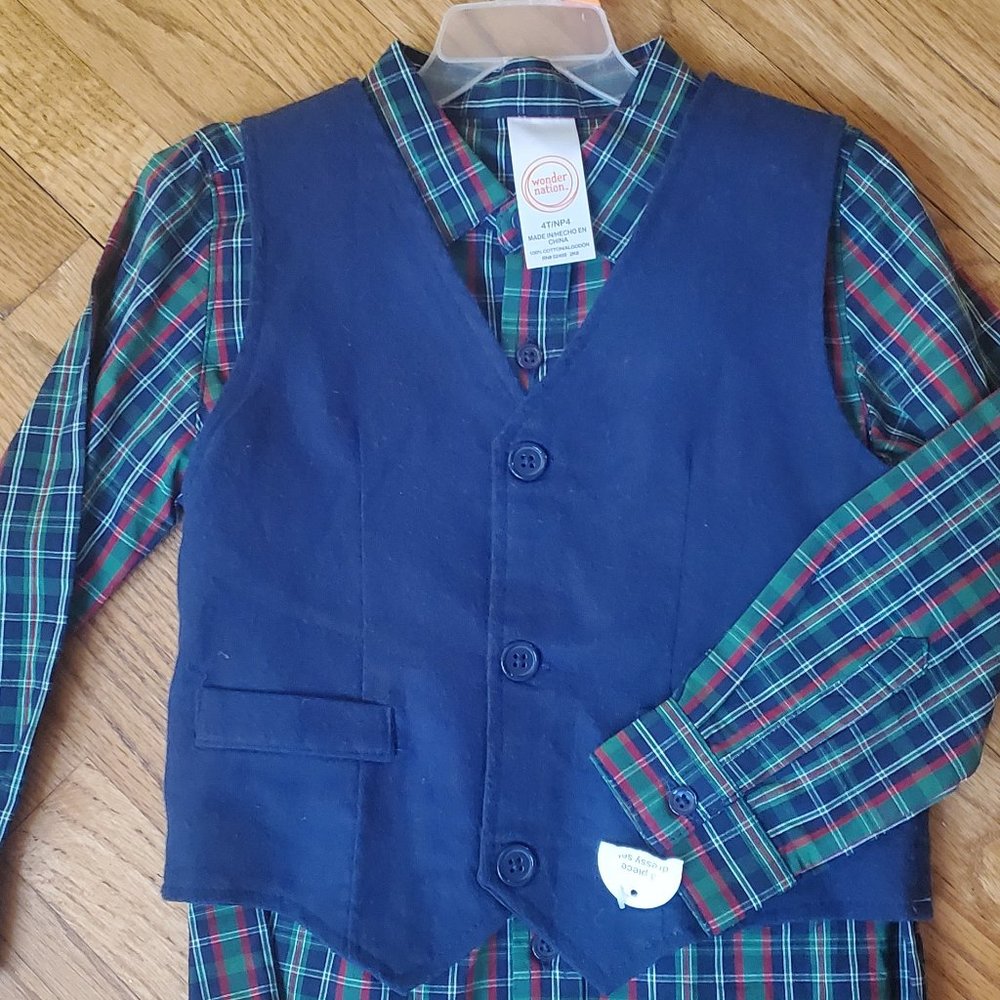 NWT! Plaid shirt and navy vest set - 4t Wonder Nation